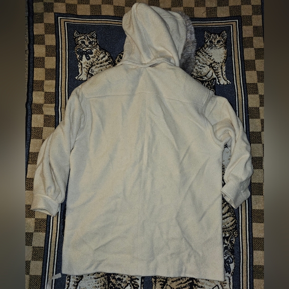 Herman Kay wool coat jacket ivory eggshell-white faux fur trim hooded pockets - Picture 5 of 7